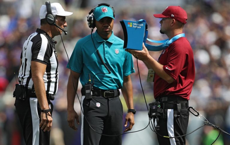 BALTIMORE, MD - SEPTEMBER 17: A referee views a replay as a play is challenged in a game between the Baltimore Ravens and the Cleveland Browns at M&T Bank Stadium on September 17, 2017 in Baltimore, Maryland. (Photo by Patrick Smith/Getty Images)