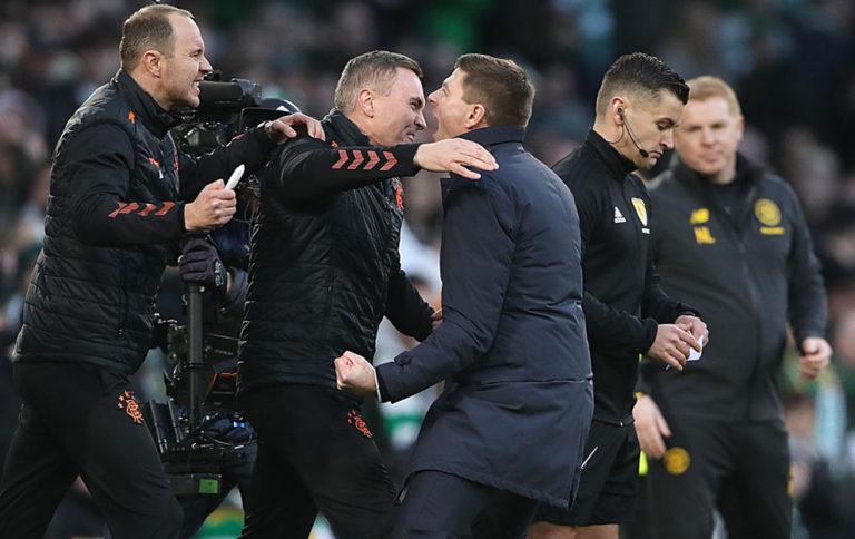 GLASGOW, SCOTLAND - DECEMBER 29: Rangers Manager Steven Gerrard celebrates with backroom staff at full time after defeating Celtic 1-2 during the Ladbrokes Premiership match between Celtic and Rangers at Celtic Park on December 29, 2019 in Glasgow, Scotland. (Photo by Ian MacNicol/Getty Images)