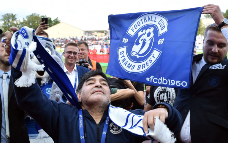 Football star Diego Maradona arrives at the stadium in Brest on July 16, 2018. - The 57-year-old Argentinian visits Belarus for the first time after becoming the chairman of the board of Dinamo / Dynamo / Brest football club. (Photo by Sergei GAPON / AFP) (Photo credit should read SERGEI GAPON/AFP via Getty Images)
