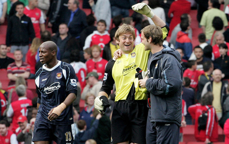 LONDON - APRIL 07: Robert Green is congratulated by Roy Carroll of West Ham at the end of Barclays Premiership match between Arsenal and West Ham United at The Emirates Stadium on April 7, 2007 in London, England. (Photo by Phil Cole/Getty Images)