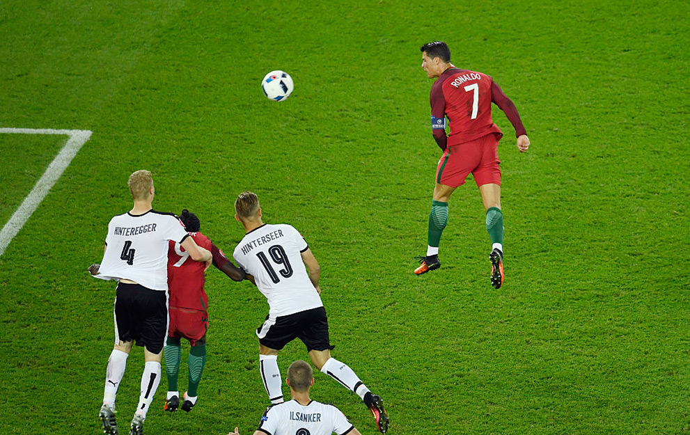 PARIS, FRANCE - JUNE 18: Cristiano Ronaldo of Portugal scores from a header which later gets disalowed during the UEFA EURO 2016 Group F match between Portugal and Austria at Parc des Princes on June 18, 2016 in Paris, France. (Photo by Mike Hewitt/Getty Images)