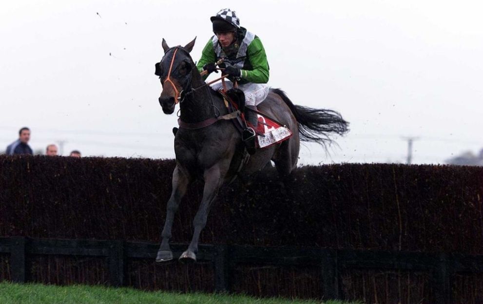 Mick Fitzgerald and See Moe Business clear the last fence at Wetherby before landing The Peterhouse Group Charlie Hall Steeple Chase, October 28, 2000