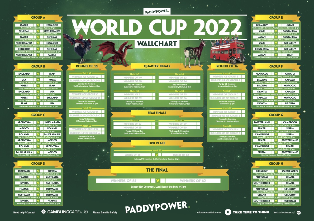 World Cup wallchart Download Paddy's Qatar 2022 fixtures guide
