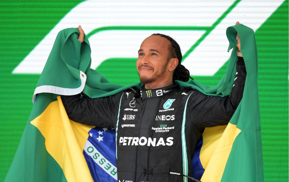 Lewis Hamilton with the Brazilian flag