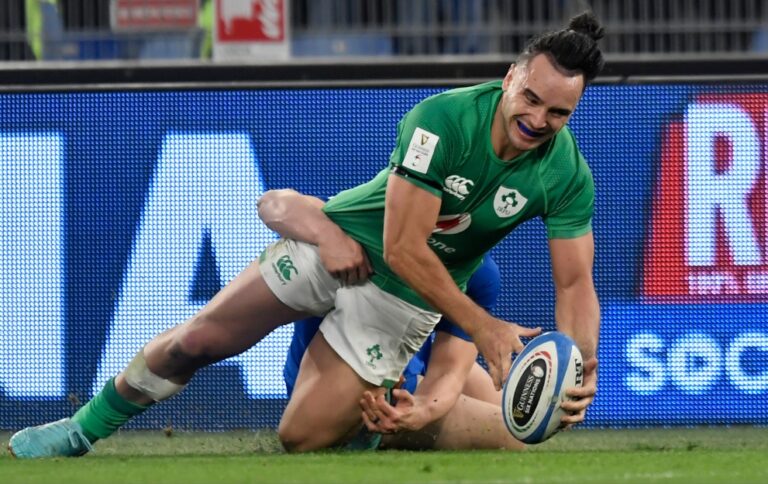 Ireland winger James Lowe scores a try