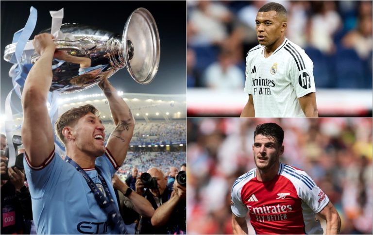 John Stones with the Champions League trophy, Declan Rice and Kylian Mbappe