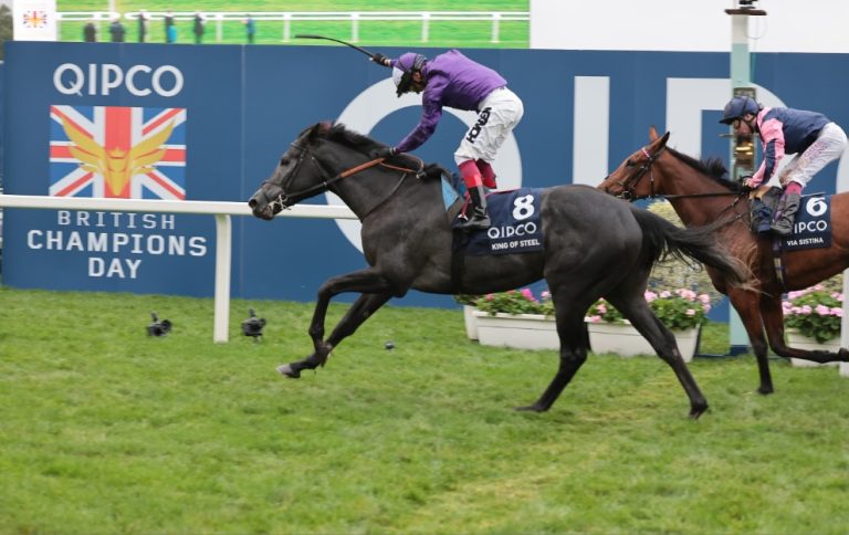 Frankie Dettori celebrates on King Of Steel on British Champions Day