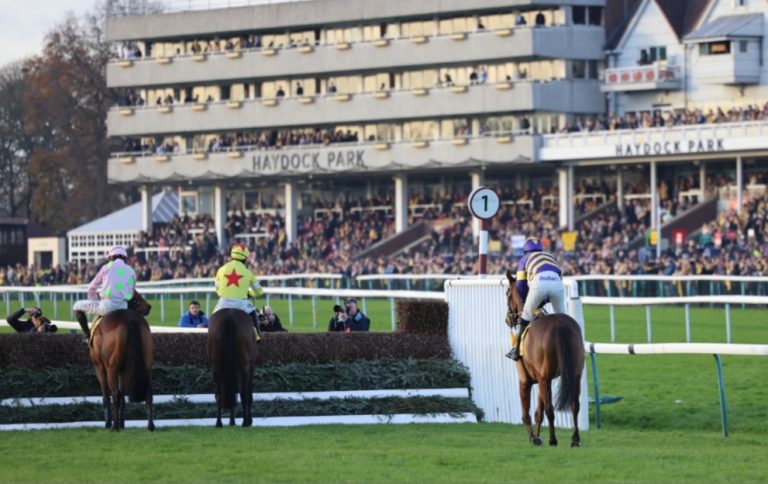 The runners ready to jump in the Betfair Chase at Haydock