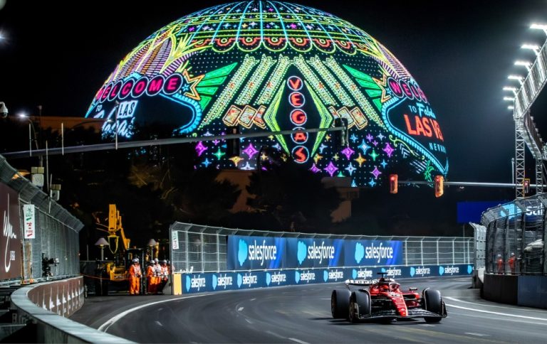 Charles Leclerc driving a Ferrari in Las Vegas