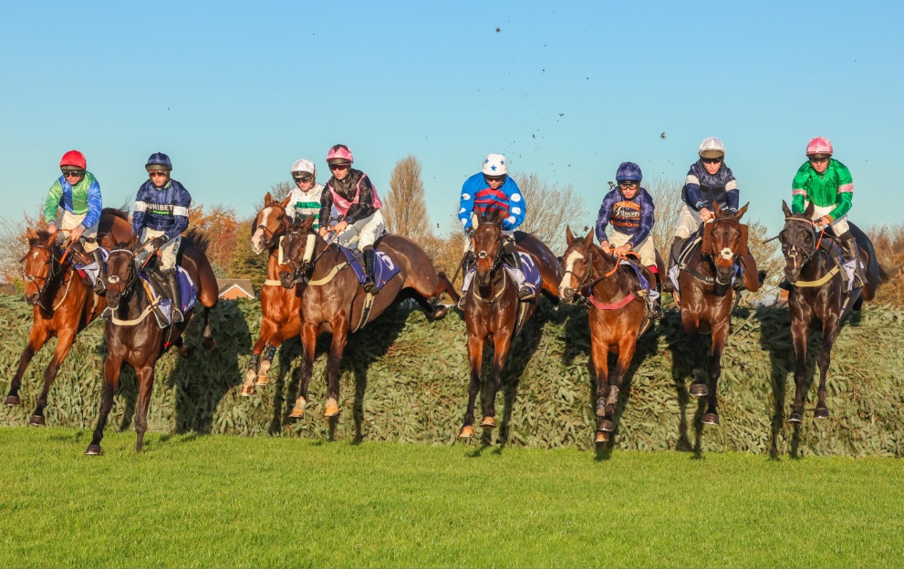 Horses jumping a fence in the Grand Sefton Handicap Chase at Aintree