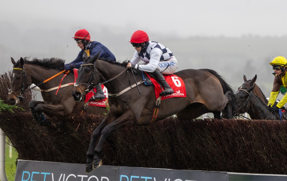 Horses jumping a fence in the John Durkan at Punchestown