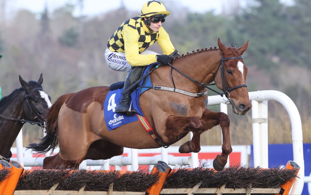 State Man jumping an obstacle in the Irish Champion Hurdle