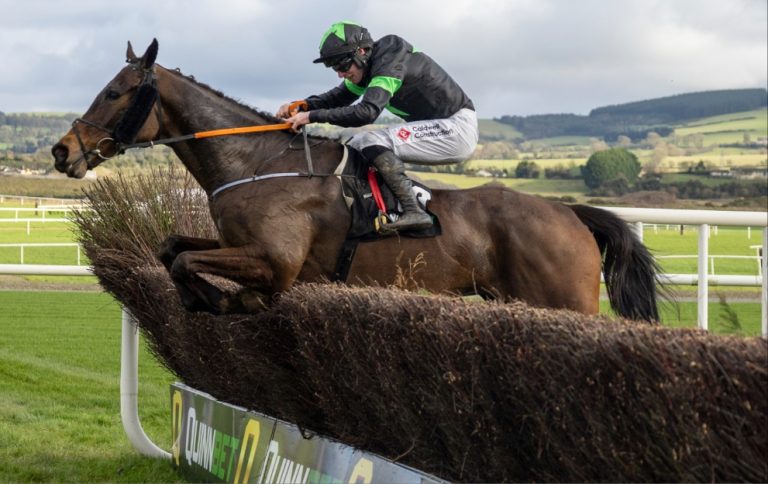 Where It All Began jumping a fence at Punchestown on the way to winning the Grand National Trial