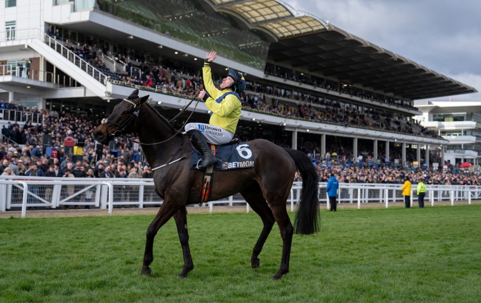 Marine Nationale's jockey celebrates winning the Champion Chase