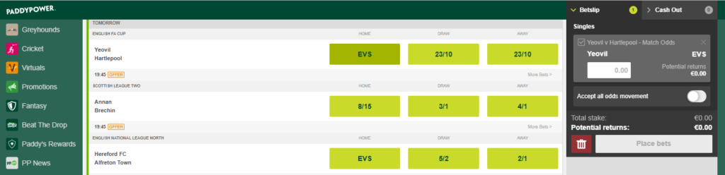 single bet on Paddy Power Website