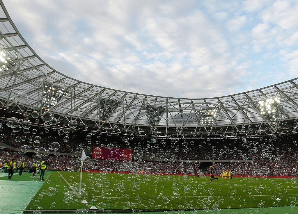 Bubbles fill the air ahead of the qualifying third round second leg Europa League football match between West Ham United and NK Domzale at the London Stadium in east London on August 4, 2016. West Ham are playing their first competitive match at their new home, the London 2012 Olympic Stadium, against Slovenia's NK Domzale in the third qualifying round of the Europa League. / AFP / Ian KINGTON (Photo credit should read IAN KINGTON/AFP via Getty Images)