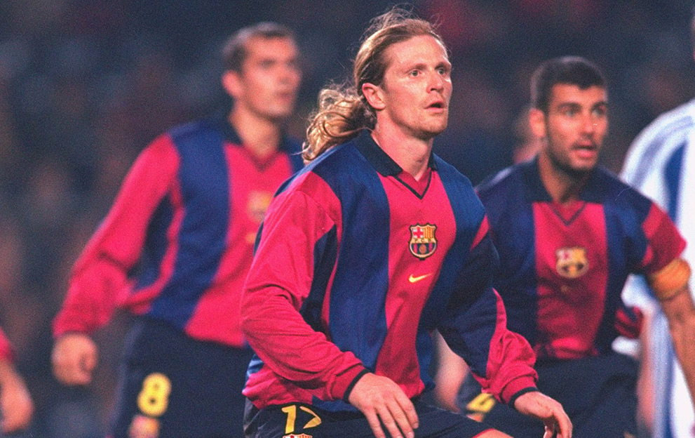 7 Dec 2000: Emmanuel Petit of Barcelona defends a free-kick during the UEFA Cup 3rd round 2nd leg match against Club Brugge played at the Nou Camp, in Barcelona, Spain. The match ended in a 1-1 draw. Mandatory Credit: Phil Cole /Allsport