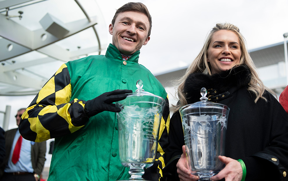 Adam Wedge and Rebecca Curtis after Lisnagar Oscar had won the Stayers Hurdle Cheltenham 12.3.20 Pic: Edward Whitaker