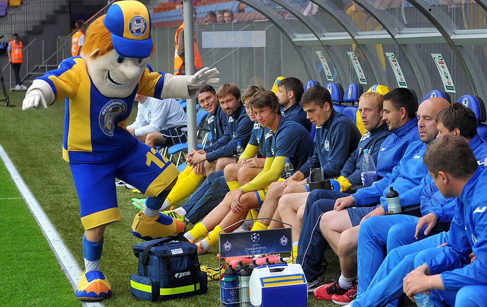 BARYSAW,BELARUS - JUNE 12: A mascot poses with the FC Bate Borisov team bench during the Belarusian Premier League match between BATE Borisov and Shakhtyor Soligorsk at the Borsov Arena Stadium on June 12, 2014 in Barysaw,Belarus. (Photo by Viktor Drachev/EuroFootball/Getty Images)