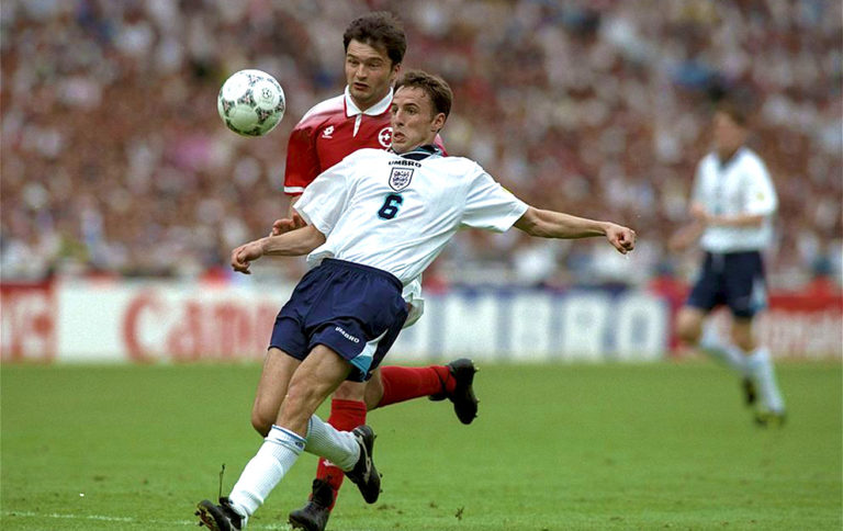 8 Jun 1996: Gareth Southgate of England (number 6) is shadowed by Stephane Chapuisat of Switzerland during the European soccer championship game between England and Switzerland at Wembley Stadium, London. The game ended in a 1-1 draw.Mandatory Credit: Stu Forster/Allsport UK