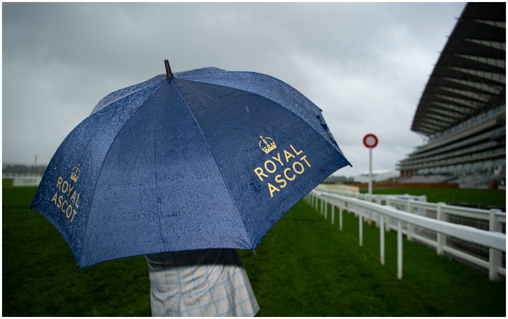 A racegoer holds an umbrella to shield from the rain