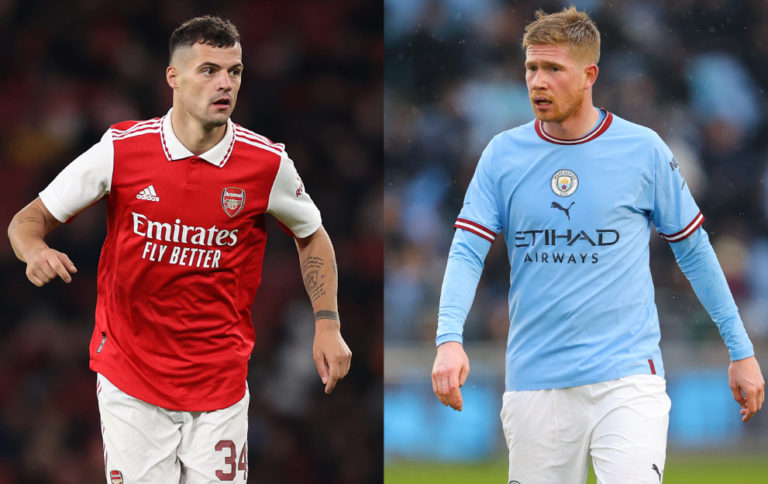 Granit Xhaka of Arsenal and Kevin De Bruyne of Man City