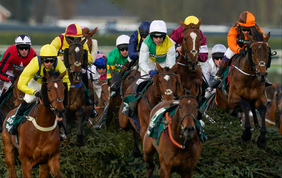 Horses jump a fence in the Grand National