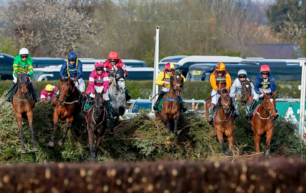 Grand National horses jump a fence at Aintree