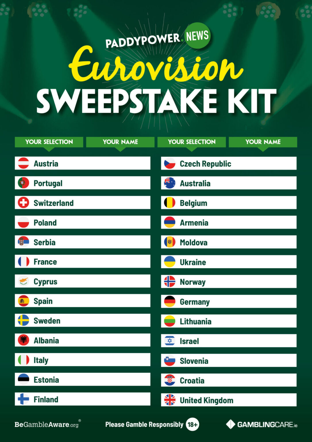 Eurovision Sweepstake Kit Download and play with Paddy's kit