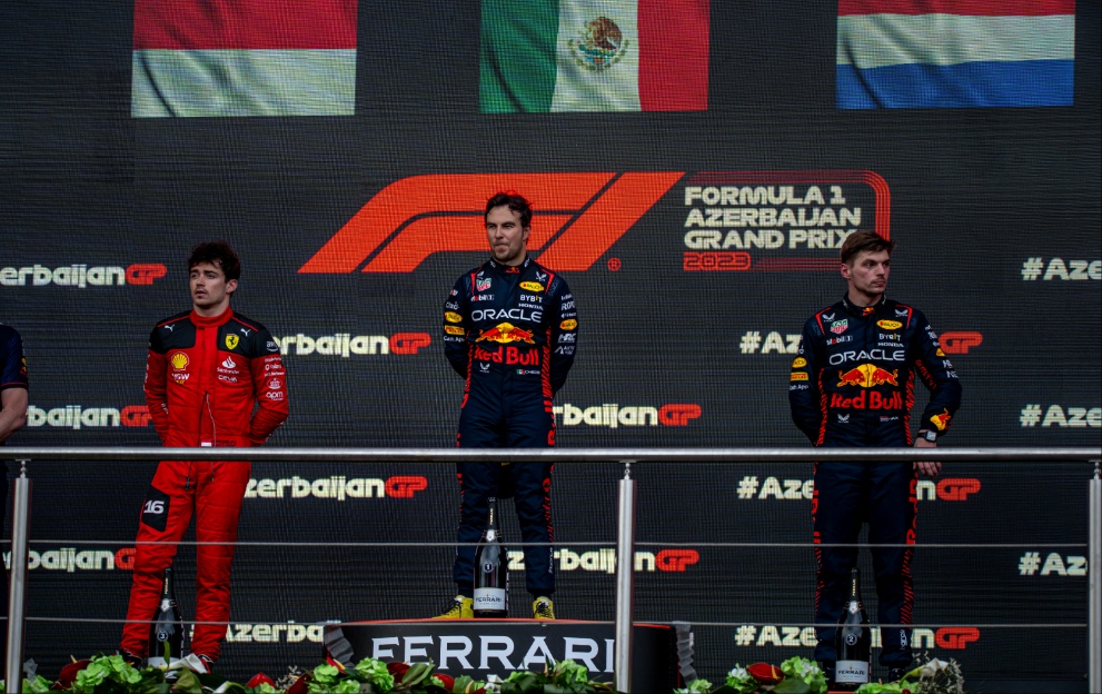 Max Verstappen, Sergio Perez and Charles Leclerc