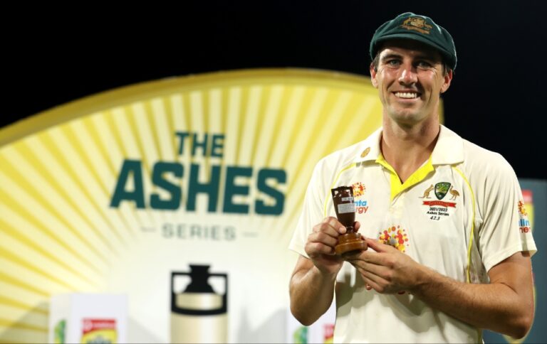 Australia cricketer Pat Cummins with the Ashes trophy
