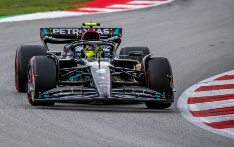 Lewis Hamilton driving a Mercedes at the 2023 Spanish Grand Prix